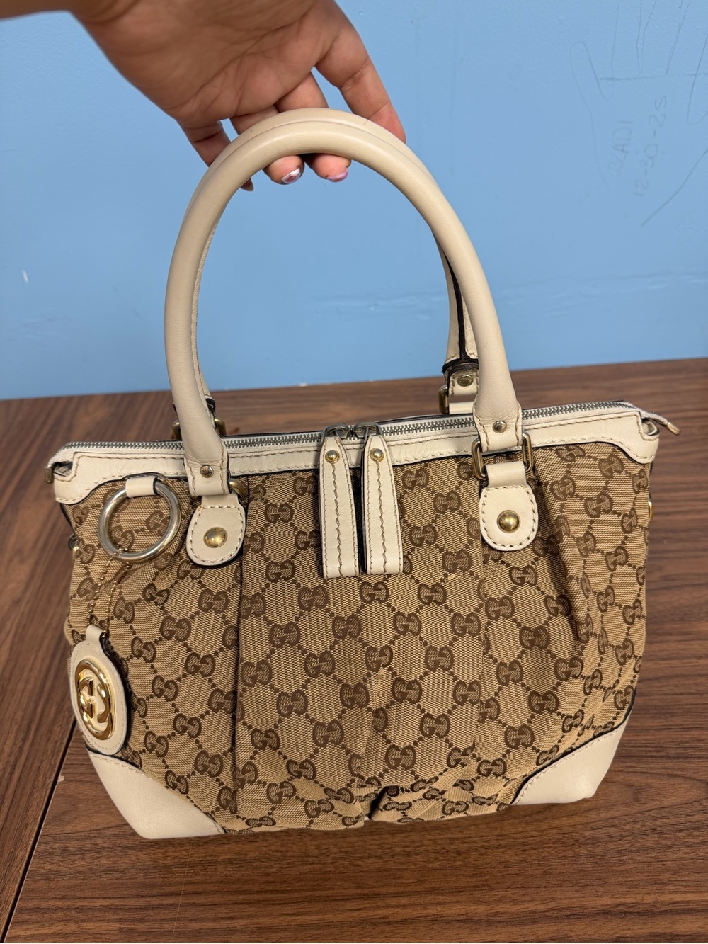 Gucci Brown Monogram Canvas Satchel with Cream Leather Trim
